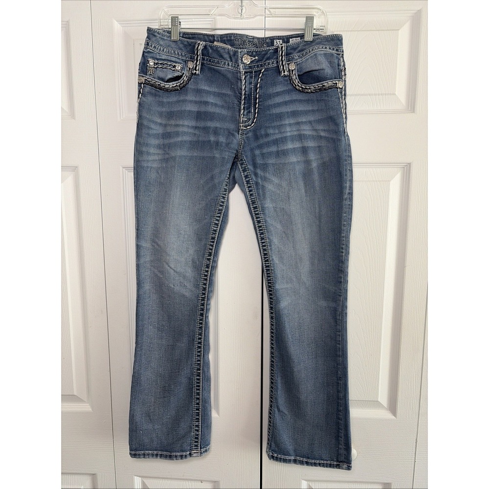 Miss Me Mid Rise Slim Bootcut Womens Size 31 Blue Jeans Y2K Embellished Denim